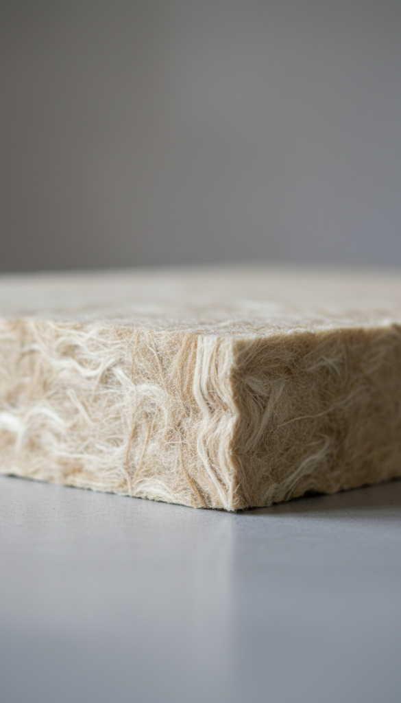 A tasteful, minimalist macro shot of a section of eco-friendly insulation material—such as natural fiber panels—showing off its intricate, fibrous texture in light tan and ivory tones. The subject is placed on a smooth, contemporary gray surface in a spotlessly clean setting, void of distractions. Cool, directional daylight softly illuminates the material, revealing both the fine details and the structured, geometric edges. The composition employs a shallow depth of field, focusing sharply on the insulation’s surface, while the background gently blurs into neutral tones. The aesthetic is businesslike, clean, and reassuring, fitting a modern corporate site while underscoring the ecological and technical excellence of the product.